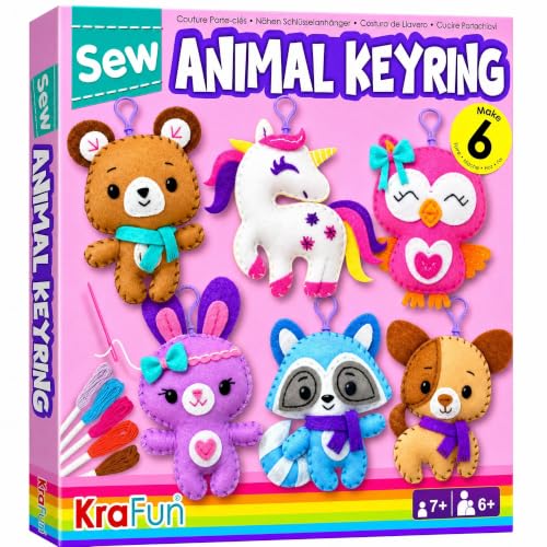 KRAFUN Kit de Costura Llavero para Niños 7+ Años, 6 Muñecas Peluche (Unicornio, Búho, Cachorro), Fieltro, Instrucciones, Juguete Educativo