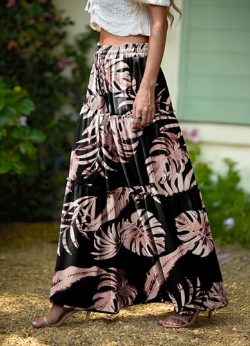 Image of Lepunuo Womens Casual Boho High Waisted Flowy Maxi Skirts Tiered Floral Long Skirts with Pockets for Summer Beach Vacation