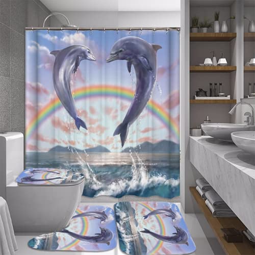 Ensemble rideau de douche dauphin anti-glissade pour sécuriser et colorer la salle de bain