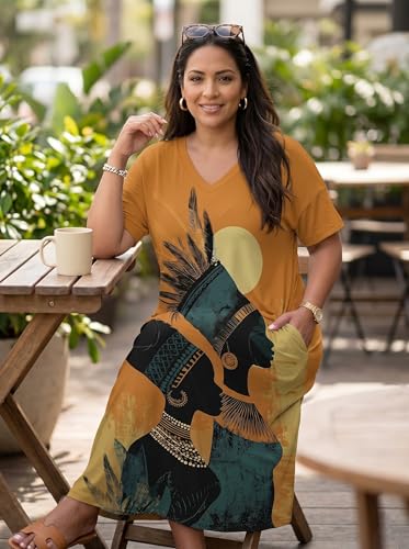 Image of Plus Size Maxi Dress for Women Short Sleeve V Neck Casual Loose Sundress with Pockets