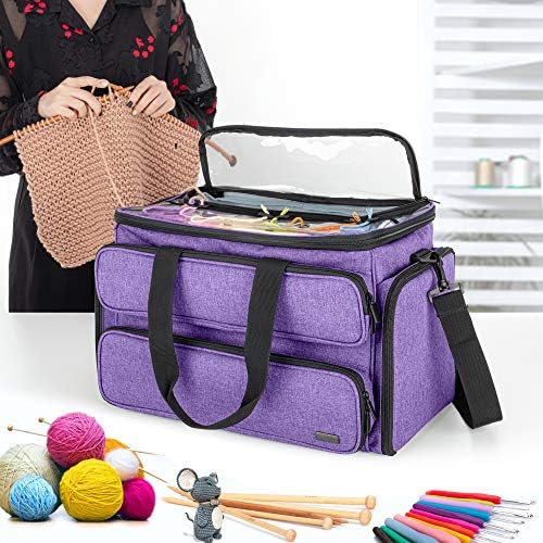 Yarwo Knitting Bag, Yarn Storage Tote Bag for Knitting Needles(Up to 35.5cm), Knitting and Crochet Tote Bag with Accessories Pocket for Yarn, Crochet Hooks, Circular Needles and Projects, Purple