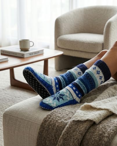 Image of Tibetan Socks Hand Knit Wool Fleece Lined Long Slipper Socks with Non Slip Soles