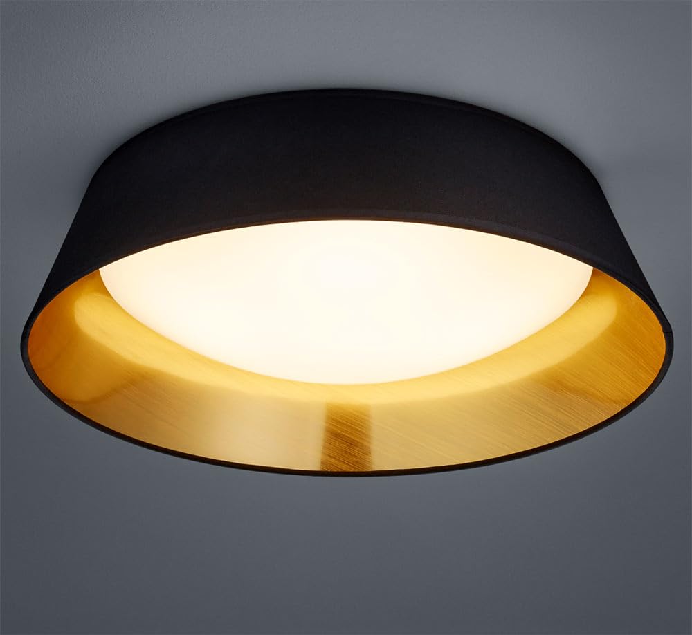 Reality Leuchten LED Deckenleuchte Ponts R62871879, Acryl weiß, Stoffschirm schwarz/goldfarbig, inkl. 18 Watt LED, Durchmesser 35,5cm