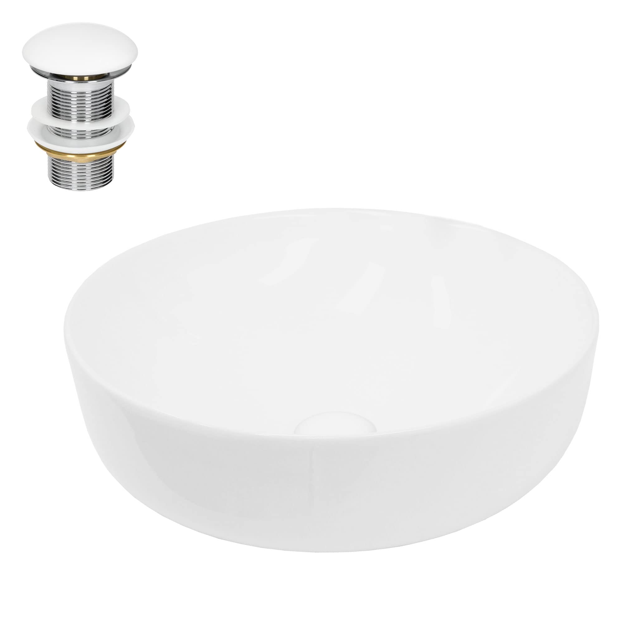 LuxeBath Lavabo Cerámico Blanco Redondo Ø 400 x 135 mm para Baño con Juego de Desagüe con Rebosadero Agujero de Conexión Estandar Lavamanos Sobre Encimera Diseño Moderno Fregadero Pila con Drenaje