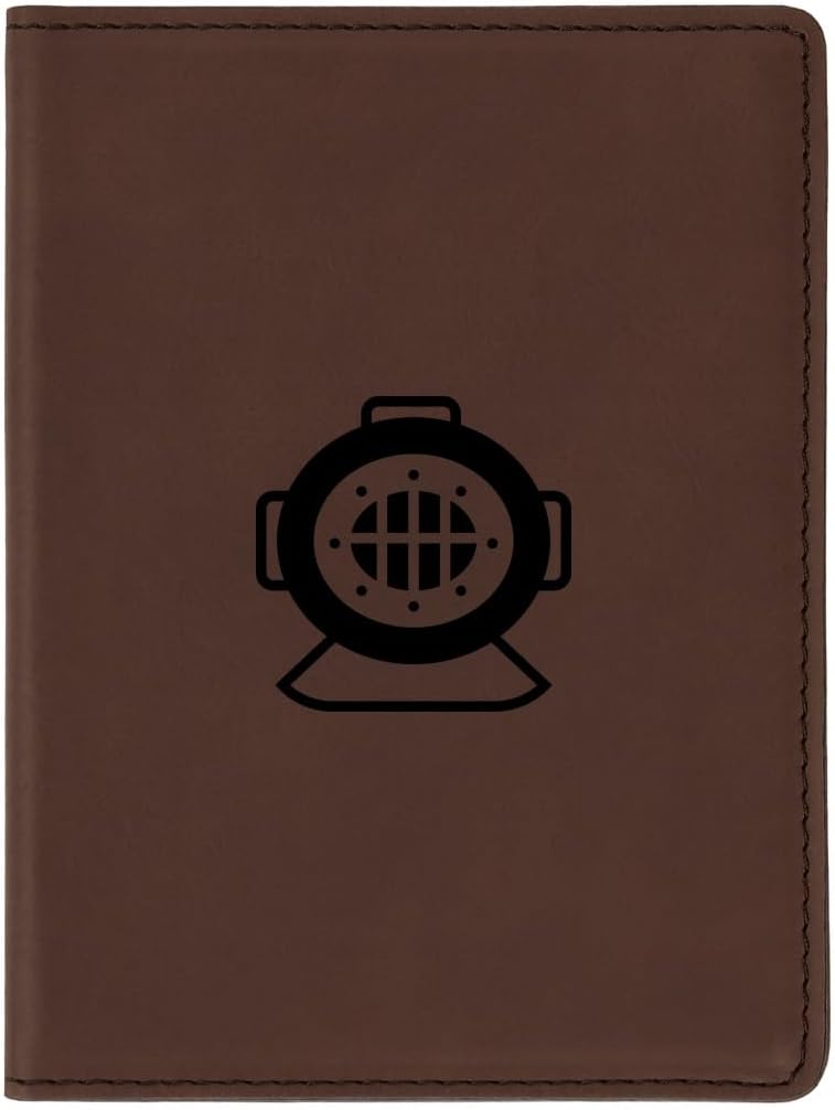 Deep Diving Helmet Engraved Brown Leather Passport Holder, Travel Wallet, Slim Passport Case for Women and Men, Passport Cover with Card Slots