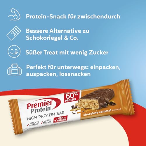 Premier Protein - High Protein Bar 50% - Chocolate Caramel - 16x40g - Low Sugar - Low Carb - palmölfrei