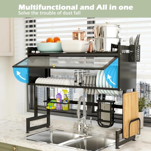 Image of Gvnd Over-The-Sink Dish Drying Rack with Dustproof Flip Cover Door | Multifunctional Adjustable Metal Kitchen Countertop Organizer (Black, 85x80x29Cm)