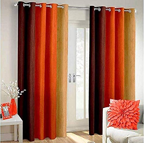 Image of Polyester Stripe Solid Curtain,Orange,Door 7-feet,Pack of 2