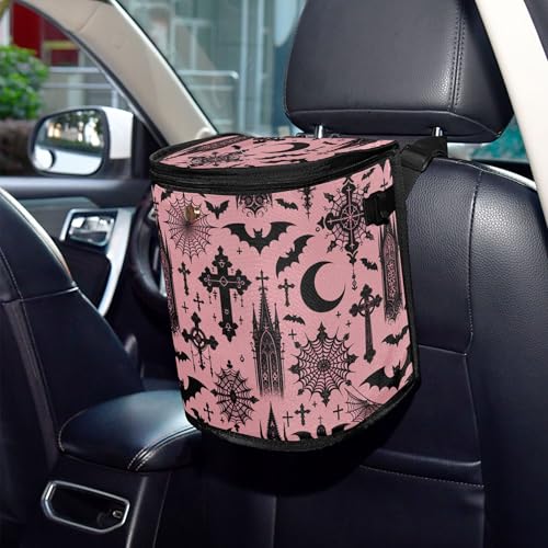 Image of MNSRUU Car Trash Can with Lid, Black Gothic Moon Spider Webs and Bats Car Trash Bag Hanging Organizers and Storage for Front Back Seat, Leak-Proof Trash Bin