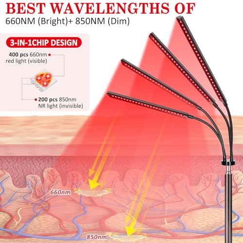 Image of Red Light Therapy Lamp with 4 Heads, 3 in 1 Infrared Light Therapy Device, Adjustable Stand, 660nm Red Light and 850nm Near Infrared Light for Face, Body,