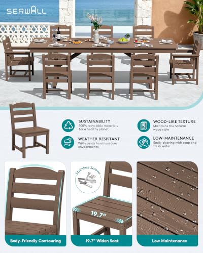 Image of SERWALL 9 Piece 84 inch HDPE Outdoor Dining Set with 6 Armless Chairs, 2 Armchairs and Umbrella Hole for 8, Brown