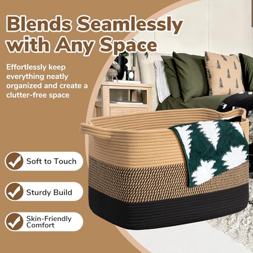 Image of Goodpick 85L Large Woven Blanket Basket, Rectangle, Black Jute | 23.6'' x 15.7'' x 13.8'' Wicker Storage Basket for Blankets, Pillows & Toys, Living Room, Bedroom & Nursery Organization