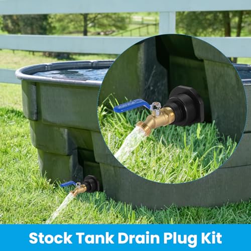 Image of Stock Tank Drain Plug Kit for rubbermaid Stock Tank Drain Plug（for rubbermaid Commercial50 70 100 150 300 Gallon Stock Tanks） with 3 /4 inch NPT x3 /4 inch GHT Brass Hose Faucet Garden Hose Connector