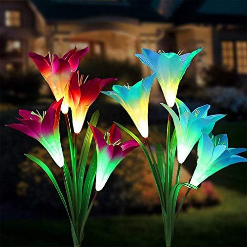 TENOVER Solar Lights Outdoor Garden, 2 Pack Solar Garden Lights IP65 Multi-Color Changing Solar Flower Lights with Bigger Lily Flower and Wider Solar Panel for Garden Decoration Patio(Blue&Purple)