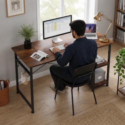 Image of computer table for home pc with Shelves|Study Table for Students|Home Office Desk |Wooden Workstation for Laptop and PC|Dual Monitor Desk|Adjustable Shelf Design | Rustic Brown | 120x60x75 cm