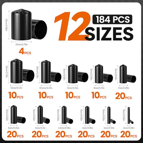 Image of 184Pcs Black Round Vinyl Rubber End Caps | Durable Bolt & Screw Covers (2 /25 inch to 4 /5 inch) for Protection and Aesthetics