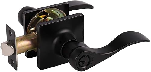 knobelite Palanca de puerta exterior, 1 paquete de cerradura de puerta de entrada, cerradura de seguridad, manija de puerta ondulada negra para