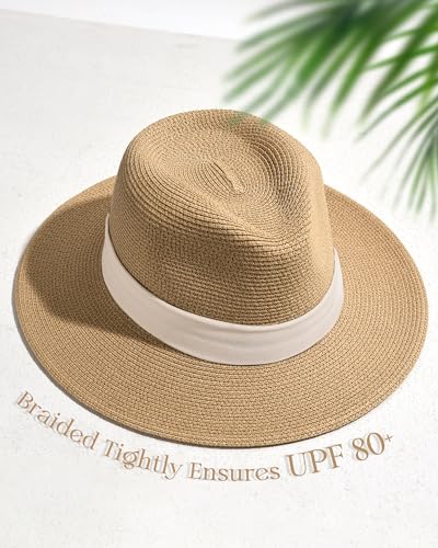 Image of FURTALK Sun Hat Wide Brim Straw Fedora Panama Beach for Men Women | Foldable & Packable for Travel, Breathable Sweatband, Adjustable Chin Strap, Ideal for Summer Boating, Gardening or Holidays