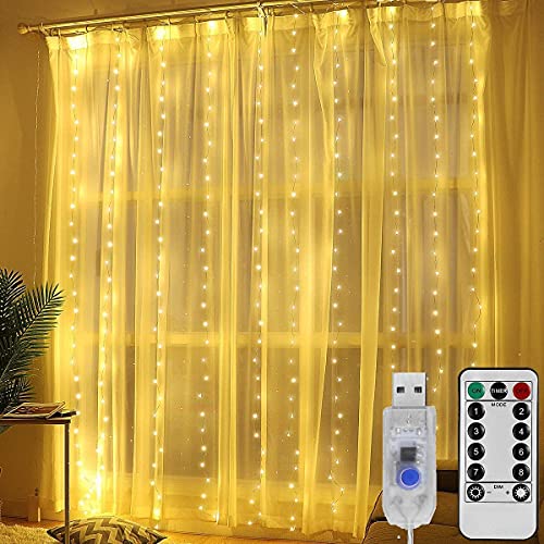 Image of MIRADH 300 LED Fairy Curtain String Lights 9.8Ftx9.8Ft - USB Powered Remote-Controlled Backdrop, Warm Ambience for Diwali, Navratri, Christmas & New Year Decor, (Yellow)