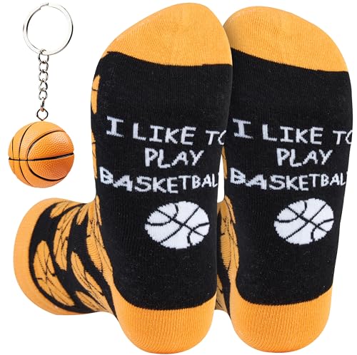 Get Trend Basketball Socks With Keychain Set Funny Novelty Crew Socks and Keyring Gift Basketball Accessories Gifts (8/13 US Purple/Orange Basketball)