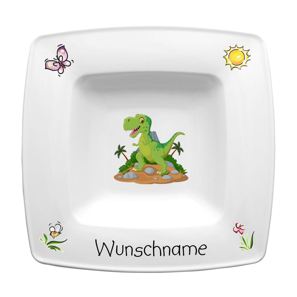 Suppenteller eckig 22cm Kinderteller Teller Porzellan Dinosuarier personalisierbar mit Wunschname Name Kindergeschirr mit Namen personalisiert