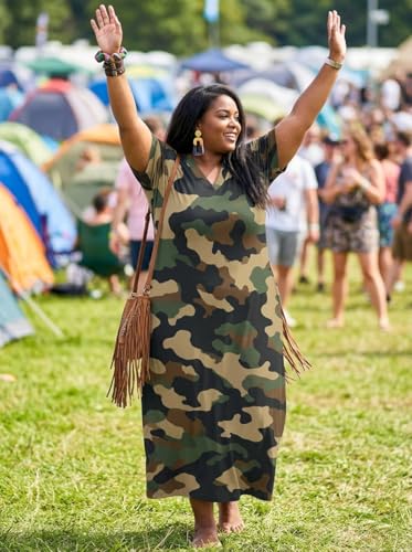 Image of Plus Size Maxi Dress for Women Short Sleeve V Neck Casual Loose Sundress with Pockets