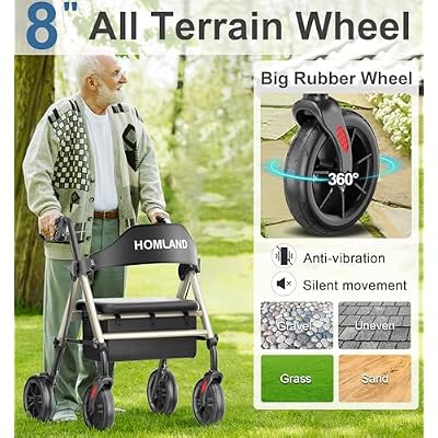 Walkers for Seniors with Seat, Foldable Rollator Walker, Reinforced Aluminum Frame, 8 Big Rubber Wheels for All Terrain, Height Adjustable Lightweight Rolling Walker, Light Gold