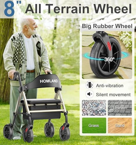 Walkers for Seniors with Seat, Foldable Rollator Walker, Reinforced Aluminum Frame, 8" Big Rubber Wheels for All Terrain, Height Adjustable Lightweight Rolling Walker, Light Gold by HOMLAND - Image 2
