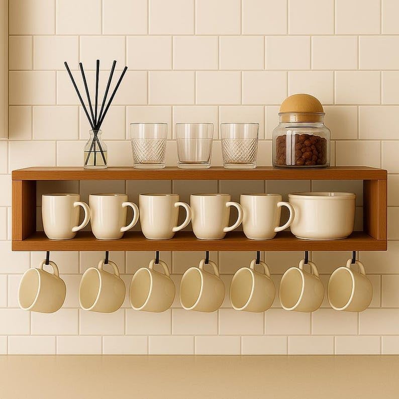 Dreamy design Acacia Wooden Wall Shelf for Kitchen Storage & Mug Holder | Rustic Wall Mounted Organizer Rack with Hooks | Multipurpose Shelf for Spices, Jars, Cups, Kitchen Essentials & Home Décor-image-8
