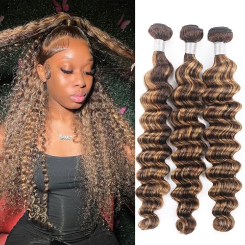 Highlight Human Hair 3 Bundles Deep Wave Human Hair Bundles Double Weft Brazilian Virgin Human Hair Extensions P4/27 Light Brown Mixed Blonde Human Hair Weave 100G/Pcs (12 14 16 Inch)