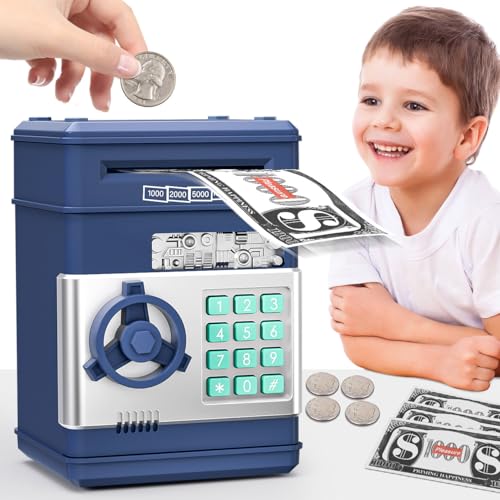 Piggy Bank Toys for Boys 6-8, Birthday Gifts for 6 7 8 10 11 12 Year Old Boys & Girls, Kids Safe Money Bank with Password, Educational Savings Toy for Kids Ages 5-12 (Navy)