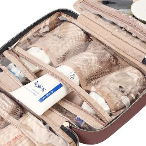Image of NISHEL Travel Toiletry Bag for women, Portable Hanging Organizer for Travel-Sized Shampoo, Conditioner, Brushes Set, Makeup Accessories, Medium Size, Rosewood-Pink
