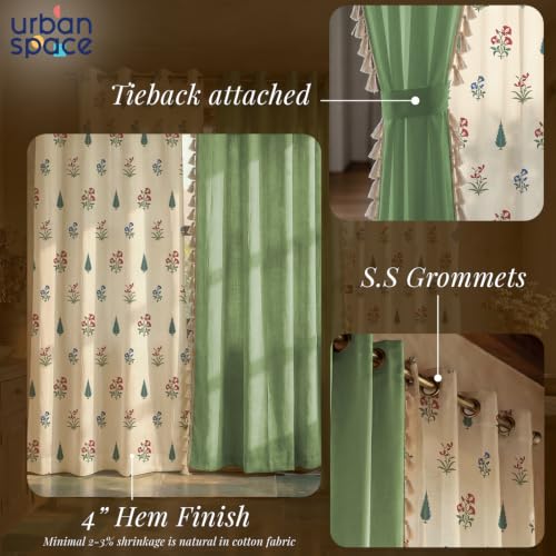 Image of Urban Space Floral Cotton Curtains For Window,Combo Set Of 3 Curtains 5 Feet Long,60-65% Room Darkening Curtain,Tieback & Eyelets Included With Curtains For Home Decor (High Garden Red,5 Feet)