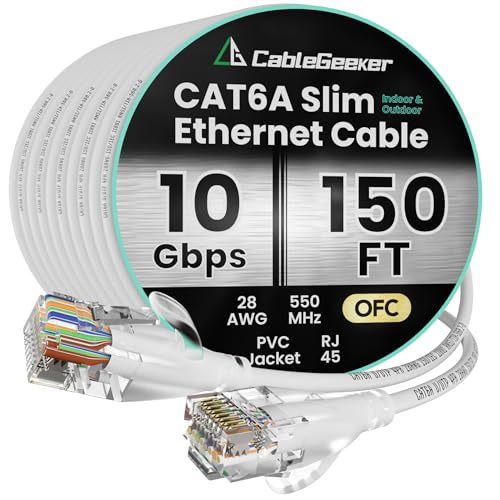 CableGeeker CAT6A Slim Ethernet Cable 150FT, 10Gbps 550MHz High Speed Network Cable with Matte Finish Connector, OFC Pure Copper, PVC Jacket, RJ45 for Gaming, Data Centers, Home & Office (White)
