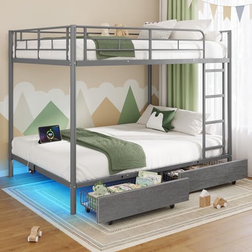 Rolanstar Metal Bunk Bed Full Over Full with USB Charging