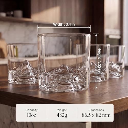 Image of LIITON The Peaks Whiskey Glasses, Set of 4, 10oz, Bourbon Glass | Thick Freezable Crystal Rock Glasses, Old fashioned Whiskey Gifts for Men, Cocktails, Scotch Glasses