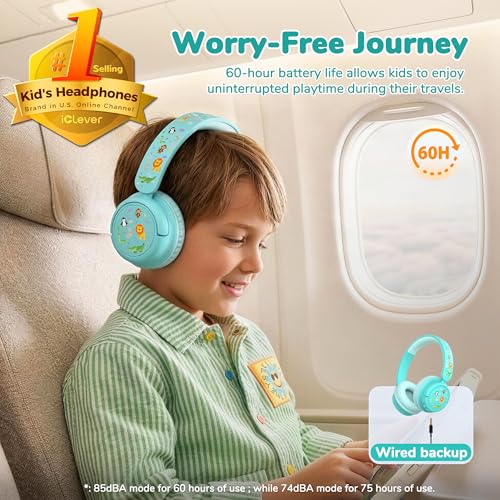 Image of iClever BTH22 Kids Bluetooth Headphones, 60H Play Time, USB C Fast Charging, Bluetooth 5.4, AUX Cord,Safe Volume 74 /85 dBA,Toddler Headphones for iPad /Tablet /Travel /School, Green