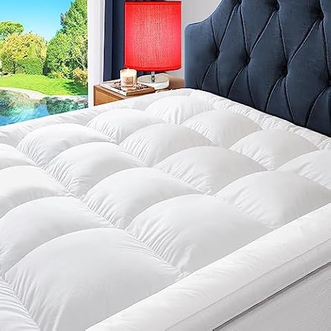 ELEMUSE 1300 GSM Overfilled Mattress Topper Queen with Baffle Box Design,Extra Thick Cooling King Pillow Top Pad, 400TC Organic Cotton Cover, Plush & Support Snow Down Alternative, White Cover
