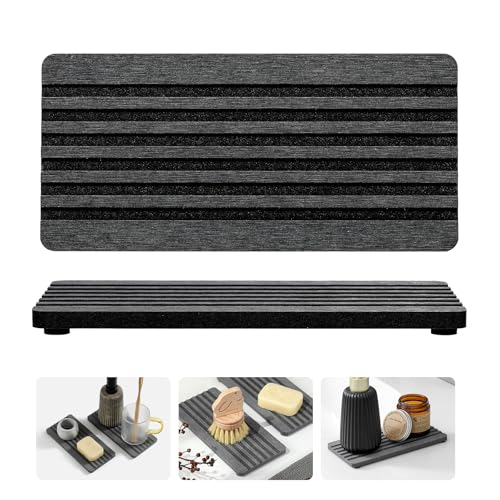 Razborci 2PCS Diatomite Quick Stone Drying Tray Mat For Bathroom & Kitchen Counter, Instant Dry Water Absorbent Drink Bar Coaster,Vanity Sink Caddy Organizer,Dish Soap Sponge Holders, Charcoal,8"x3.8"