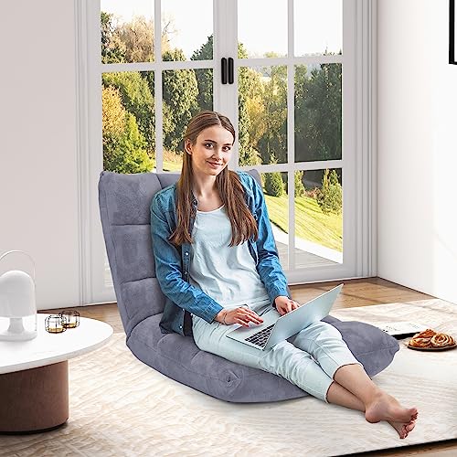 COSTWAY Bodenstuhl mit Verstellbarer Rückenlehne, Bodensessel gepolstert, Bodenkissen faltbar, Meditationsstuhl, Relaxsessel, Thaikissen für Freizeit, Meditation, Yoga (Grau)