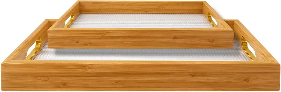 2-Piece Wooden Serving Tray Set with Handles   Elegant Rectangular Serving Platters/Trays for Tea, Coffee, Snacks & Breakfast | Kitchen & Dining Trays | Party Serving and Platters Brown 2