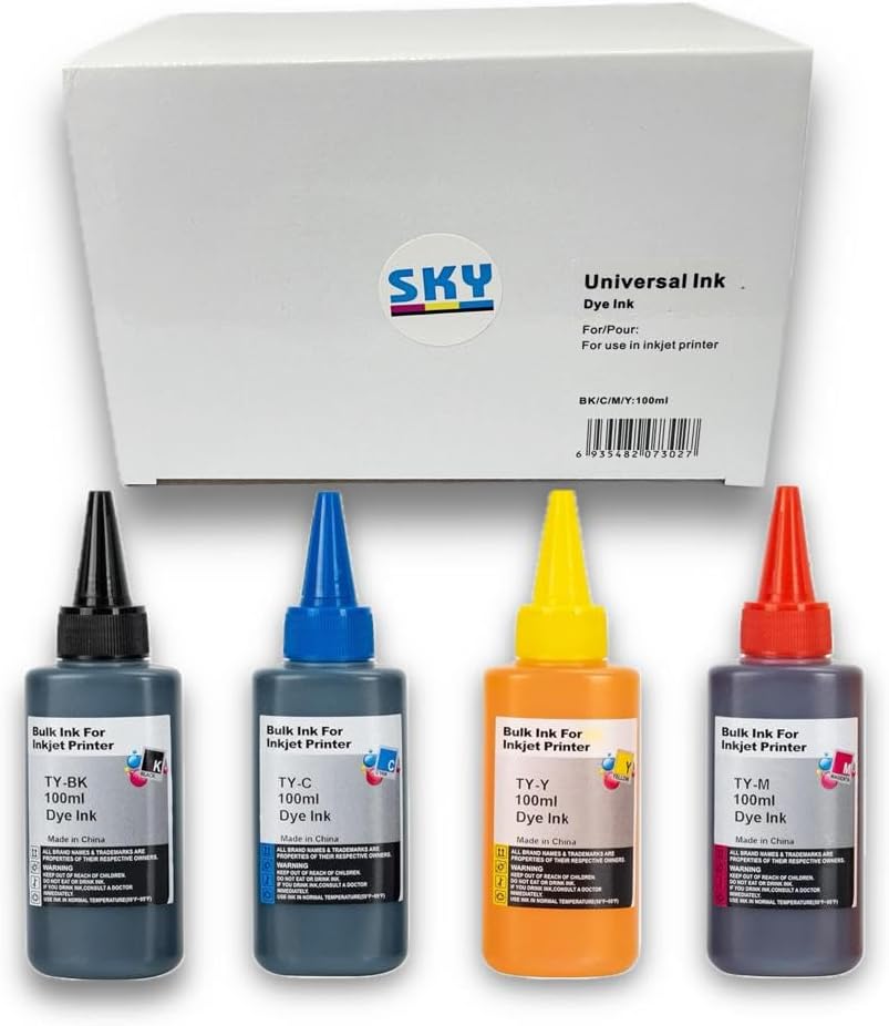 SKY 4-Pack Universal Printer Ink/Refill Dye Ink suitable for refilling 123 305 652 650 651 653 122 901 47 60 61 63 62 64 65 901 21 22 78 45 and ink tank printers