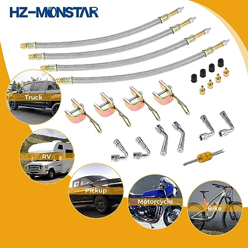 Image of Valve Stem Extenders, 4 Pcs 12 Inch Dual Flexible Stainless Steel Braided Stem Extensions, 6 Pcs 45 90 135 Degree Brass Valve Adaptors for Car Truck Motorhome Trailer RV Trailer Vehicle