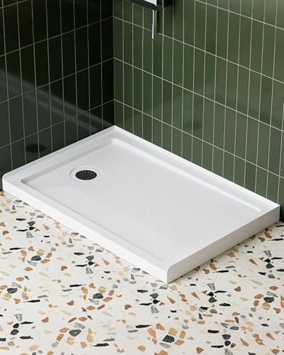 Image of HOROW 48 inch x 32 inch Shower Base, Left Drain Shower Pan, Low Profile Acrylic Base with Reinforced Fiberglass, Non-Slip Surface, Stainless Steel Drain Cover, Leak-Resistant for Bathroom
