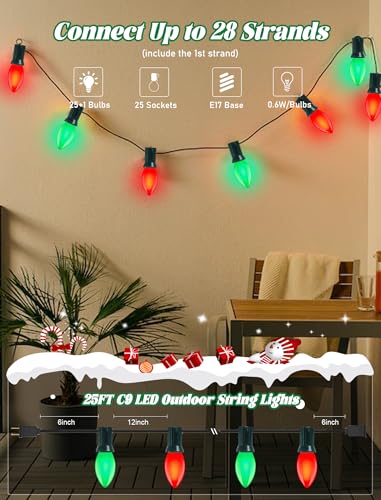 Image of 25Ft C9 LED Christmas Lights Outdoor, C9 Red and Green Christmas String Lights with 26 LED Shatterproof Bulb, Hanging Vintage Christmas Lights for Patio Xmas Tree Roofline Wedding Party Backyard Decor