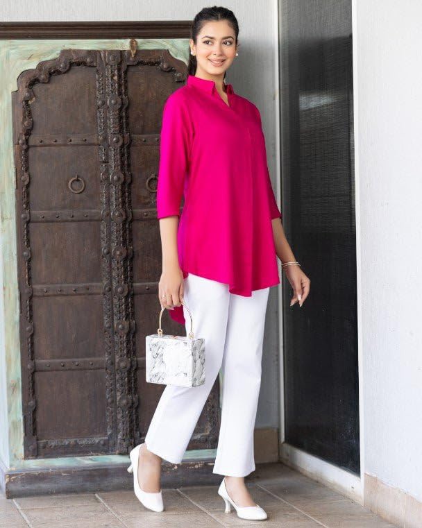Image of Mlada Rayon Flare Top for Women | 3 /4th Sleeve Regular Fit and Flare Top | Women Office Tops Tunic | Western Long Shirt Top for Women | Shirt Collar Top for Women | Rayon Tunic Tops for Women Western