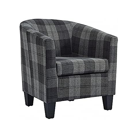 Home Detail Modern Tub Chair, Accent Bedroom Chair, Living Room Chair, Dining Chair, Small Armchair or Occasional Chair in Grey Tartan Fabric Cover
