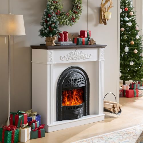 Image of 45 inch Electric Fireplace with Mantel,Farmhouse FreeStanding Electric Fireplace Heater Entertainment Center Wooden TV Stand,Stacked Stone Surround 30'' Fireplace Insert Heater for Living Room,Bedroom