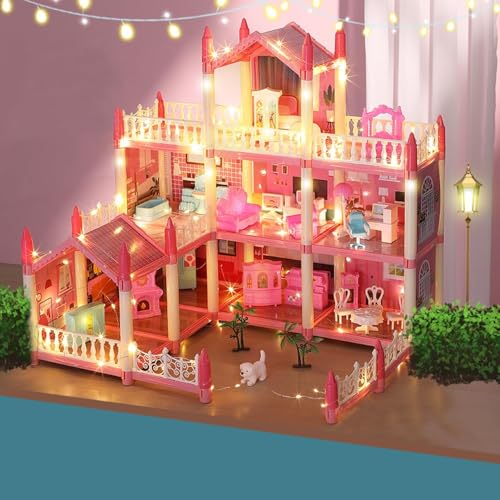 Image of 3 Storey Doll House for Girls, Large Princess Villa Playset with Furniture, Dolls, DIY Assembly Pretend Play Toy(9ROOM)