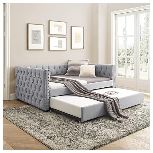 Flieks Upholstered Full Size Daybed with Twin Trundle, Full Size Button Tufted Sofa Bed Daybed with Copper Nail on Square Arms and Wood Slat Support (Grey)